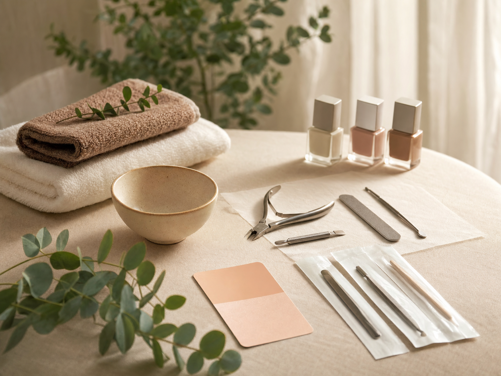 Stilvoll arrangierte Beauty-Instrumente, Handtücher und Pflegeprodukte in warmem Tageslicht
