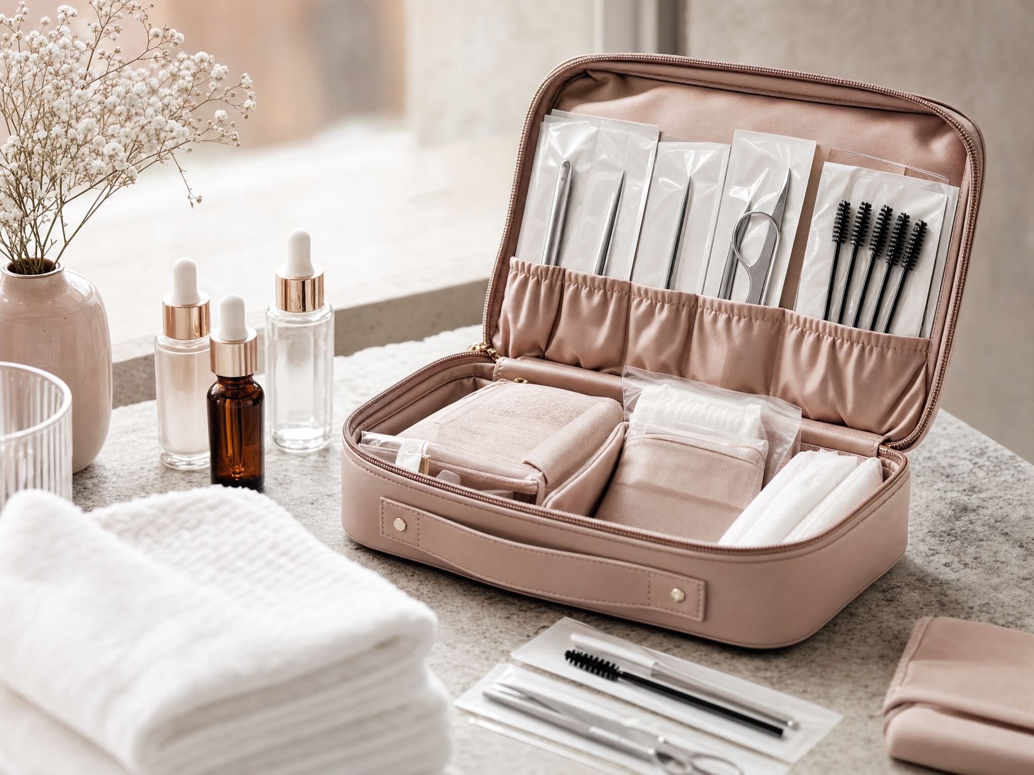 Geöffneter mobiler Beauty-Koffer mit sterilen Instrumenten, Pflegeprodukten und Handtüchern